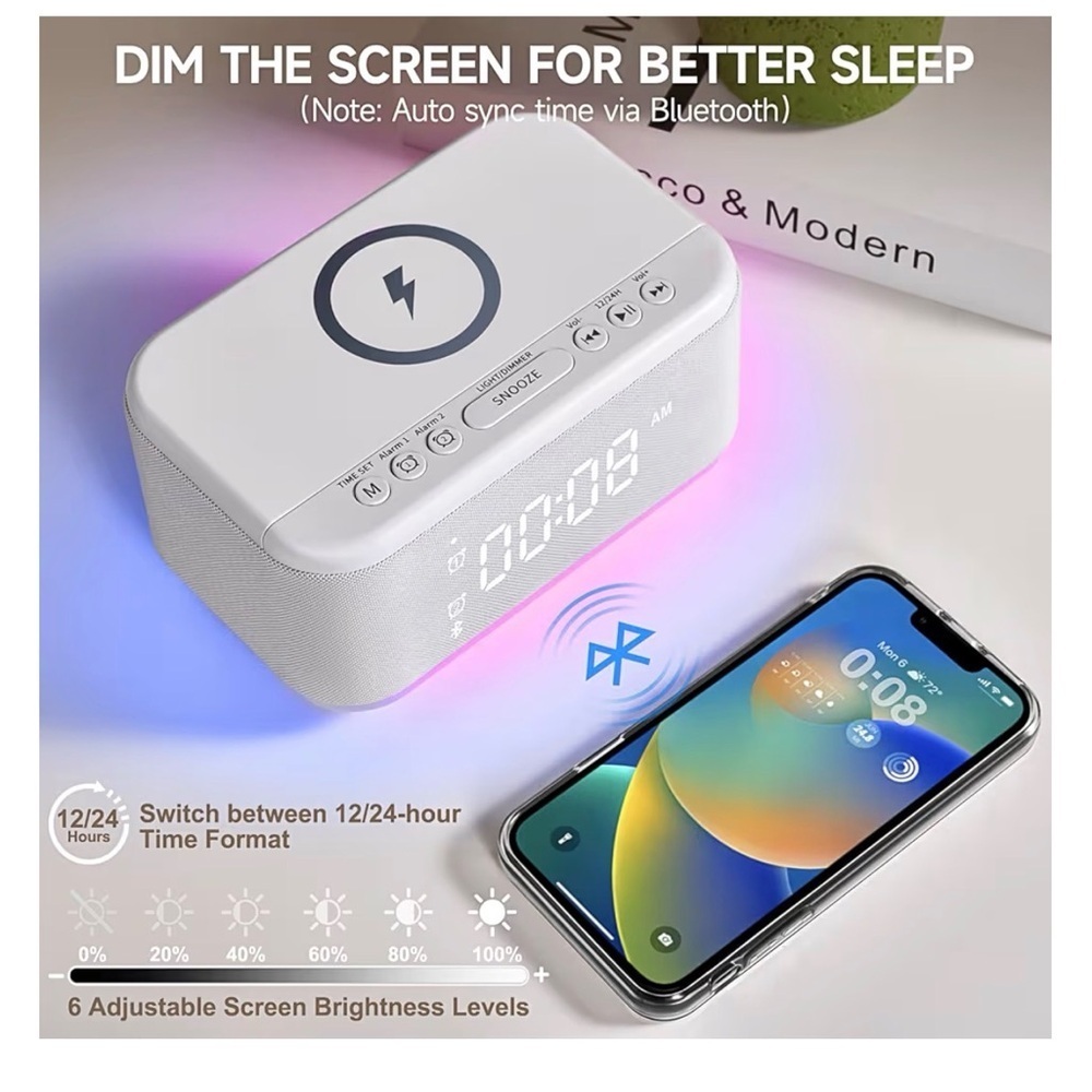 White Wireless Charging Alarm Clock with LED Display - Picture 5 of 10